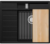 Primagran fregadero cocina negro metallic 62x53cm, fregadero granito 1 seno + sifón + accesorios, fregadero sobre encimera al mueble 45cm