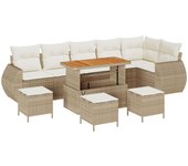 Conjunto de sofá de jardín de 10 piezas con cojines beige poly rattan acacia, conjunto de comedor de jardín de 4 piezas con cojines beige poly rattan