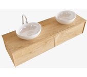 Mondiaz lush 150cm mueble de baño washed oak con 2 cajones. con lavabo doble 2 orificios blanco brillo