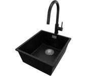 Primagran fregadero granito negro 41x47cm, fregadero cocina 1 seno + grifo 40x22cm + sifón, fregadero sobre encimera al mueble 45cm - london slim
