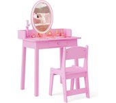 Tocador infantil, tocador con espejo iluminado, taburete, cajón y organizador de joyas, tocador 2 en 1 con iluminación led bicolor para niñas (rosa)