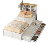 Cama blanca plana 90 * 200cm con varios enrejados de almacenamiento en la cabecera de la cama con cama nido, tres cajones