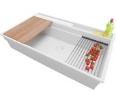 Primagran fregadero cocina todo blanco 88x53cm, fregadero granito 1 seno + sifón + accesorios, fregadero sobre encimera al mueble 90cm - oslo pocket