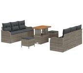 Conjunto de sofás de jardín modular de 9 piezas con cojines gris poliratán, sofá de jardín de 2 plazas con cojines gris poliratán, conjunto de comedor