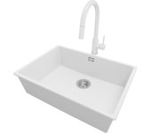 Primagran fregadero bajo encimera blanco 66x47cm, fregadero granito 1 seno + grifo 40x22cm + sifón, fregadero cocina al mueble 70cm - london