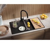 Primagran fregadero cocina negro metallic 90x50cm, fregadero granito 1 seno + sifón + accesorios, fregadero sobre encimera al mueble 60cm