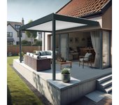 Kokoon 3 - pérgola bioclimática perpendicular adosada (estrutura gris antracito y lamas blancas - 4,09m x 4,50m)
