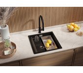 Primagran fregadero cocina negro metallic 46x47cm, fregadero granito 1 seno + sifón + accesorios, fregadero sobre encimera al mueble 50cm