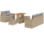 Conjunto de sofá de jardín de 8 piezas con cojines beige poliratán acacia, conjunto de comedor de jardín de 3 piezas con cojines beige poliratán acaci