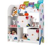 Estantería infantil para niños con 5 estantes de madera y 2 cajones de tela, para dormitorio salón guardería, 93×29,5×102 cm (astronauta)