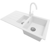 Primagran fregadero granito blanco 90x50cm, fregadero cocina 1,5 senos + sifón + accesorios, fregadero sobre encimera al mueble 60cm - copenhague duo