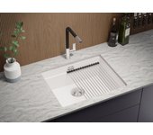 Primagran fregadero bajo encimera blanco 56x47cm, fregadero cocina 1 seno + sifón + enrollable escurridor, fregadero granito al mueble 60cm - prague