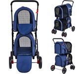 Cochecito de 2 pisos para perro gato desmontable y plegable con ruedas giratorias universales, color azul