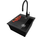 Primagran fregadero granito negro 43x50cm, fregadero cocina 1 seno + sifón + accesorios, fregadero sobre encimera al mueble 45cm - oslo