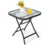 Mesa auxiliar cuadrada plegable portátil de cristal para terraza de 46,5 cm, con estructura de metal, bandeja de cristal templado, mesa baja