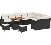 Conjunto de sofá de jardín de 12 piezas con cojines en negro poliratán, conjunto de comedor de jardín de 3 piezas con cojines en negro poliratán