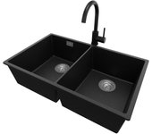 Primagran fregadero granito negro metallic 76x47cm, fregadero cocina 2 senos + sifón + accesorios, fregadero sobre encimera al mueble 80cm