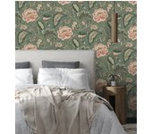 Papel pintado vinílico lavable de flores peonía grandes color rosa coral y fondo verde - denise blossom 682822 de gaulan - rollo de 10 m x 0,53 m