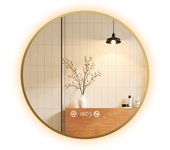 Emke espejo de baño con luz led redondo de 60 cm de diámetro, marco dorado, interruptor táctil, antivaho, reloj y temperatura, luz neutra