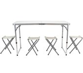 Mesa plegable de aluminio y 4 taburetes, superficie de mdf, portátil en maletín, multiusos, resistente, camping, playa, jardín (imitación de mármol,