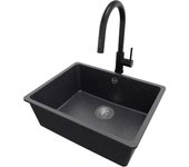 Primagran fregadero granito grafito 56x44cm, fregadero cocina 1 seno + sifón + accesorios, fregadero sobre encimera al mueble 60cm