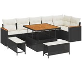 Conjunto de sofá de jardín de 9 piezas con cojines negro poliratán acacia, conjunto de comedor de jardín de 3 piezas con cojines negro poliratán acaci