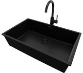 Primagran fregadero bajo encimera todo negro 76x47cm, fregadero granito 1 seno + grifo 32x20cm + sifón, fregadero cocina al mueble 80cm - london