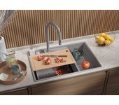 Primagran fregadero cocina gris 78x53cm, fregadero granito 2 senos + sifón + accesorios, fregadero sobre encimera al mueble 80cm - paris