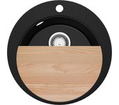 Primagran fregadero cocina circular negro 50x50cm, fregadero granito 1 seno + sifón + tabla de cortar, fregadero sobre encimera al mueble 45cm - pisa