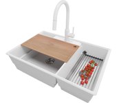 Primagran fregadero granito blanco 78x53cm, fregadero cocina 2 senos + sifón + accesorios, fregadero sobre encimera al mueble 80cm - paris