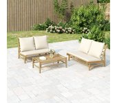 Vidaxl set de muebles de jardín 3 piezas bambú y cojines blanco crema