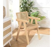 Albane - sillón de madera de hevea clara con respaldo y asiento de ratán natural