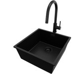 Primagran fregadero bajo encimera todo negro 46x47cm, fregadero granito 1 seno + grifo 40x22cm + sifón, fregadero cocina al mueble 50cm - london