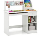 Escritorio infantil de 90 x 45 x 90 cm, mesa de estudio con cajón, 2 estantes, bandeja para teclado y dispositivo antivuelco, blanco