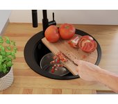 Primagran fregadero cocina circular negro 50x50cm, fregadero granito 1 seno + sifón + tabla de cortar, fregadero sobre encimera al mueble 45cm - pisa