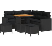 Conjunto de sofá de jardín de 8 piezas con cojines de ratán poliéster negro acacia, conjunto de comedor de jardín de 3 piezas con cojines de ratán pol