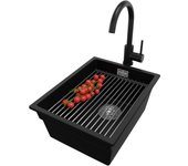 Primagran fregadero bajo encimera negro 36x47cm, fregadero granito 1 seno + sifón + accesorios, fregadero cocina al mueble 40cm - prague