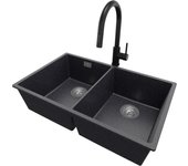 Primagran fregadero granito grafito 76x47cm, fregadero cocina 2 senos + sifón + accesorios, fregadero sobre encimera al mueble 80cm