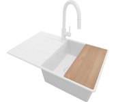 Primagran fregadero granito todo blanco 78x50cm, fregadero cocina 1 seno + sifón + accesorios, fregadero sobre encimera al mueble 50cm - copenhague