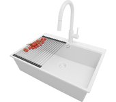 Primagran fregadero granito todo blanco 68x50cm, fregadero cocina 1 seno + sifón + accesorios, fregadero sobre encimera al mueble 70cm - oslo