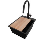 Primagran fregadero granito todo negro 38x50cm, fregadero cocina 1 seno + sifón + accesorios, fregadero sobre encimera al mueble 40cm - oslo