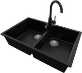 Primagran fregadero granito negro 78x50cm, fregadero cocina 2 senos + grifo 32x20cm + sifón, fregadero sobre encimera al mueble 80cm - madrid twin