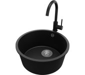 Primagran fregadero granito circular negro metallic 46x46cm, fregadero cocina 1 seno + sifón + accesorios, fregadero sobre encimera al mueble 50cm