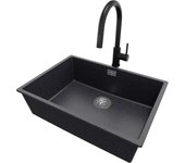 Primagran fregadero granito grafito 66x47cm, fregadero cocina 1 seno + grifo 40x22cm + sifón, fregadero sobre encimera al mueble 70cm - london slim