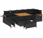 Conjunto de sofás de jardín de 9 piezas con cojines polirratán negro acacia, conjunto de comedor de jardín de 3 piezas con cojines polirratán negro ac