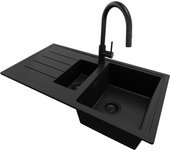 Primagran fregadero granito todo negro 90x50cm, fregadero cocina 1,5 senos + sifón + accesorios, fregadero sobre encimera al mueble 60cm