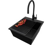 Primagran fregadero granito todo negro 43x50cm, fregadero cocina 1 seno + sifón + accesorios, fregadero sobre encimera al mueble 45cm - oslo
