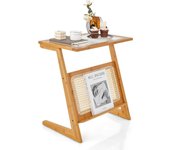 Mesa auxiliar de bambú en forma de z, 51,5 x 37 x 58 cm, mesa de café con tapa de cristal, mesita de noche con estantería de ratán, para salón