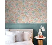 Papel pintado de flores pequeñas silvestres celeste turquesa coral sobre fondo beige con t - spring melody 683418 de gaulan - rollo de 10 m x 0,52 m