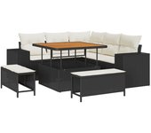 Conjunto de sofá de jardín de 8 piezas con cojines negro de poliratán de acacia, conjunto de comedor de jardín de 3 piezas con cojines negro de polira